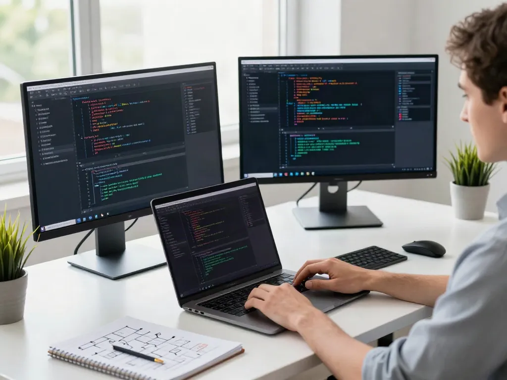 v2rayN官网 software development workspace with programmer coding on laptop