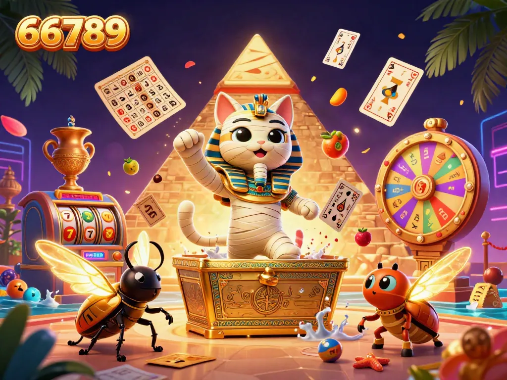 Experience the vibrant atmosphere of 66789 as a cartoon mummy cat plays amidst slot reels and glowing lottery balls.