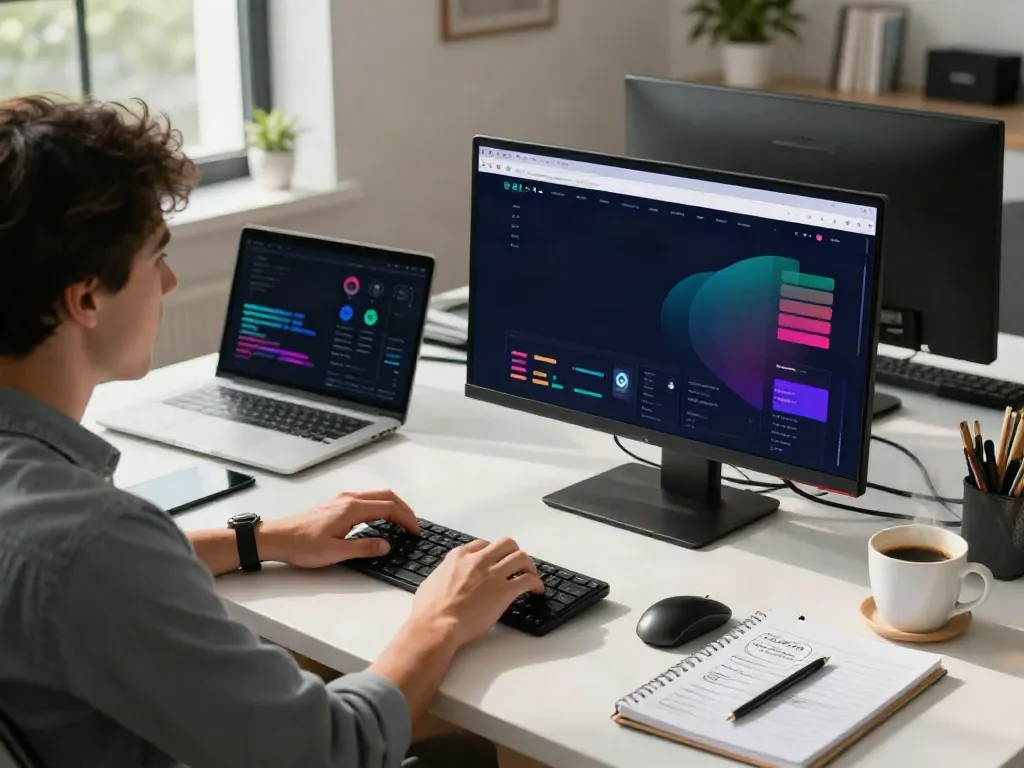 Digital workspace focused on optimizing 링크사이트, with analytics displayed on monitors.